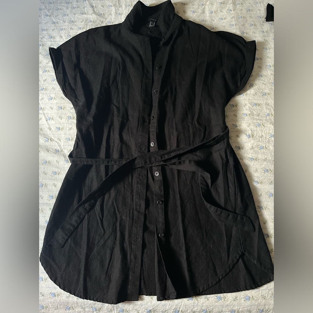 Black Button-Up Shirt Dress with Tie Waist